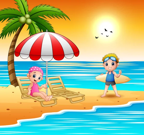 Bambini Dei Cartoni Animati Rilassarsi Spiaggia — Vettoriale Stock