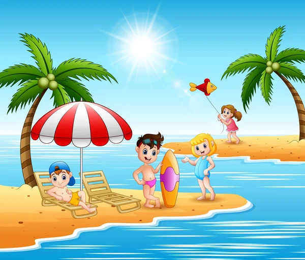 Niños Disfrutando Unas Vacaciones Verano Playa — Vector de stock