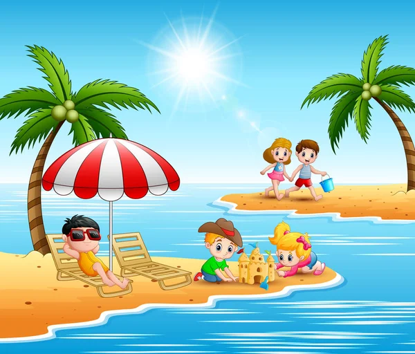 Niños Jugando Playa Las Vacaciones Verano — Vector de stock