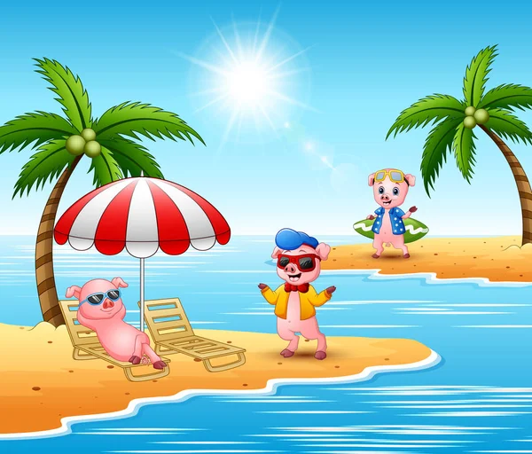 Cartoon Varkens Genieten Van Een Zomer Vakantie Het Strand — Stockvector