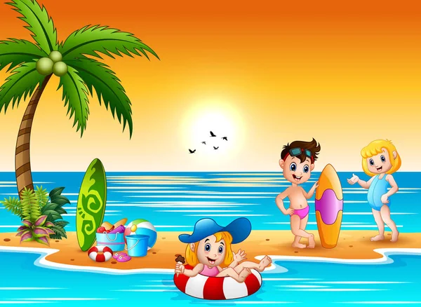 Niños Felices Divirtiéndose Salpicando Playa — Vector de stock