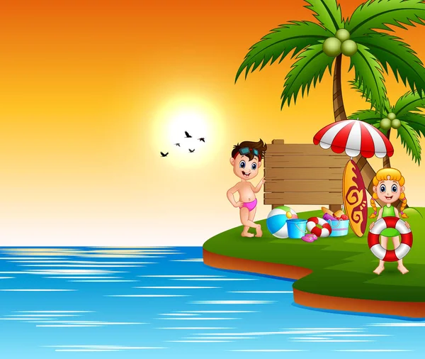 Χαρούμενα Παιδικά Διασκέδαση Στην Παραλία — Διανυσματικό Αρχείο