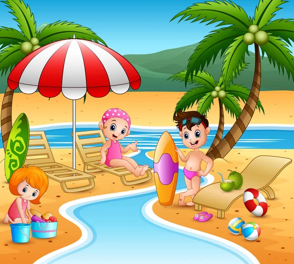 Niños Disfrutando Unas Vacaciones Verano Playa — Vector de stock