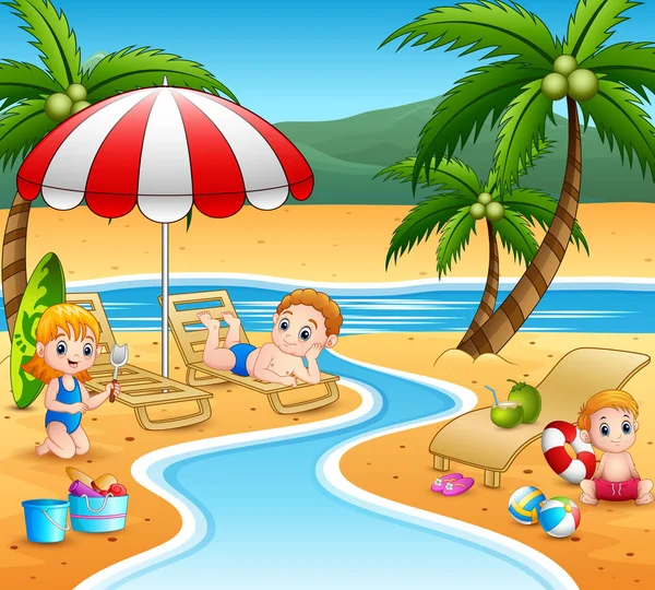 Dessin Animé Enfants Détendre Plage — Image vectorielle