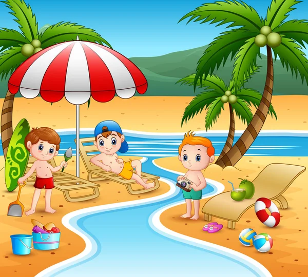 Щасливі Хлопці Грають Пляжі — стоковий вектор