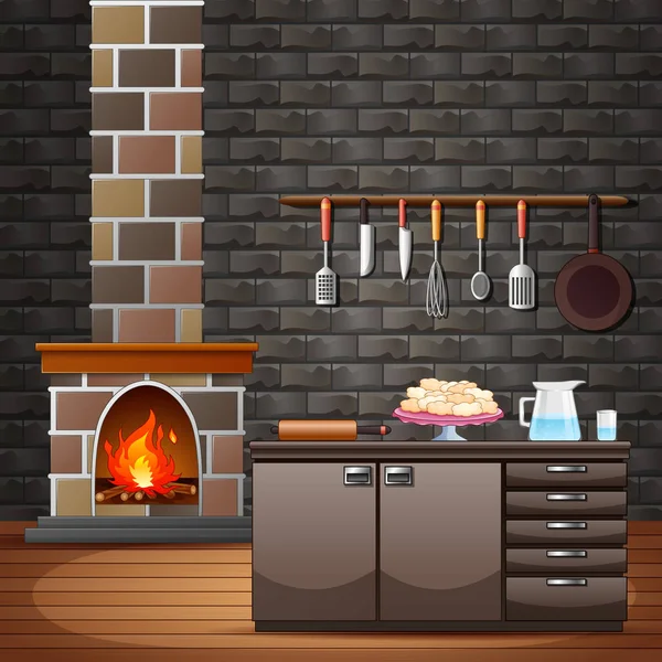 Fireplace Traditional House Kitchen — Stock Vector