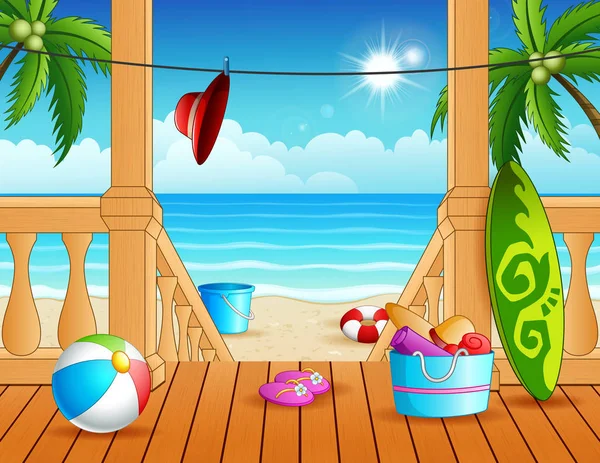 Terrasse Mit Blick Auf Den Strand Mit Vielen Spielzeugen — Stockvektor