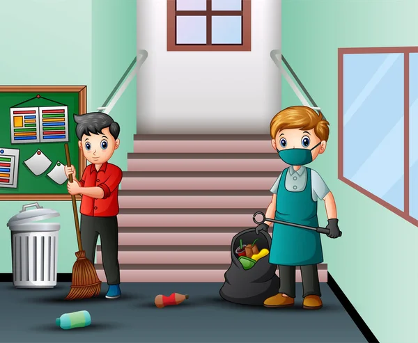 Cartoon Zelador Homem Limpeza Escola Corredor — Vetor de Stock