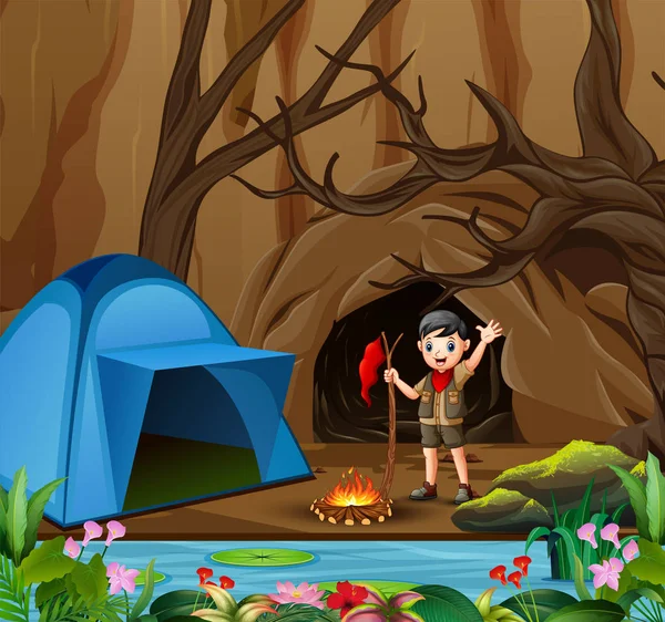 Scout Boy Fondo Del Bosque Verano Aire Libre Con Tienda — Vector de stock