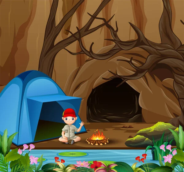 Boy Scout Sentado Camping — Vector de stock