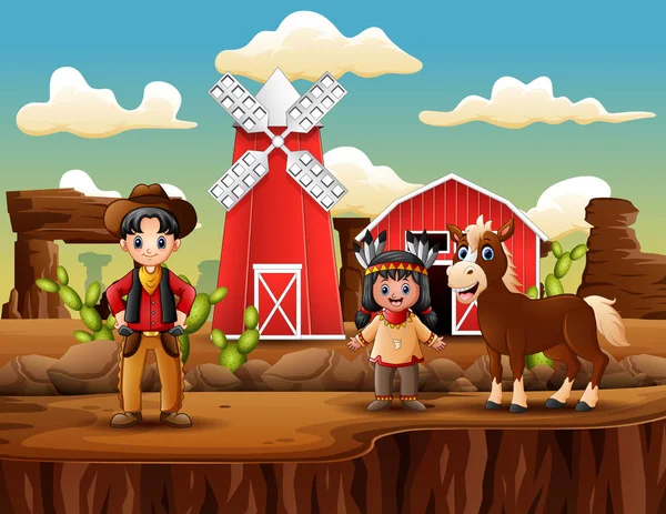 Selvagem Oeste Fazenda Com Cowboy Indiana Menina —  Vetores de Stock