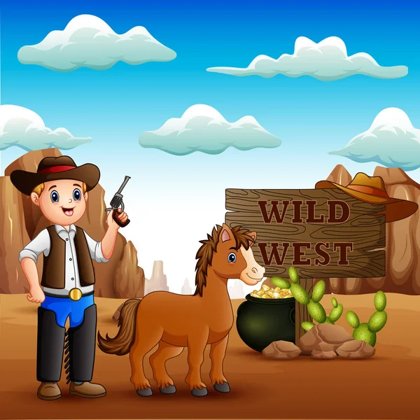 Cowboy Engraçado Com Cavalo Deserto Pedregoso —  Vetores de Stock