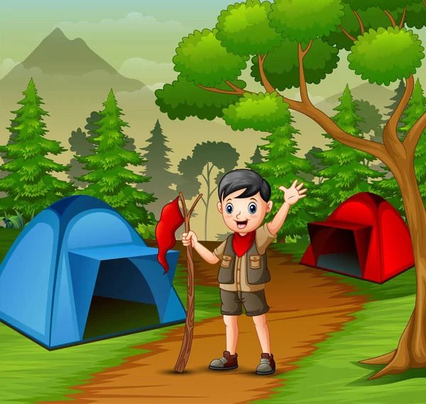 Happy Scout Boy Camping Forest — Stock Vector