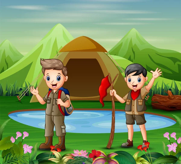 Dois Meninos Uniforme Acampamento Explorando Uma Natureza — Vetor de Stock