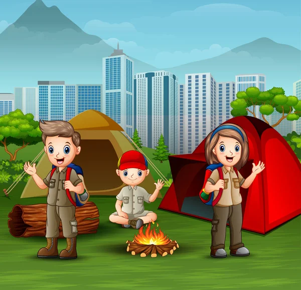 Niños Exploradores Dibujos Animados Niñas Camping — Vector de stock