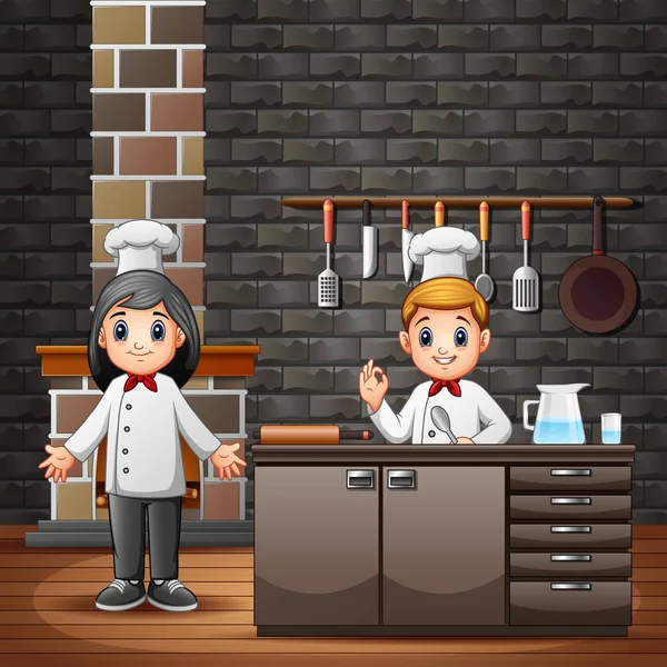 Chefs Masculinos Femeninos Con Uniforme Cocina — Vector de stock