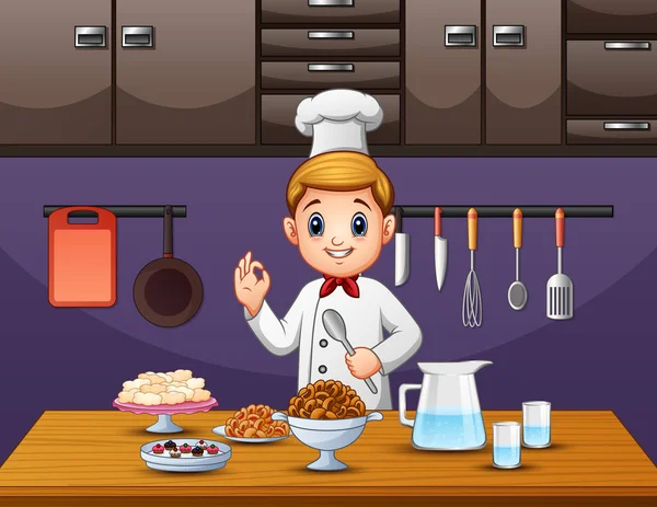 Chef Goûte Nourriture Prêt Servir — Image vectorielle