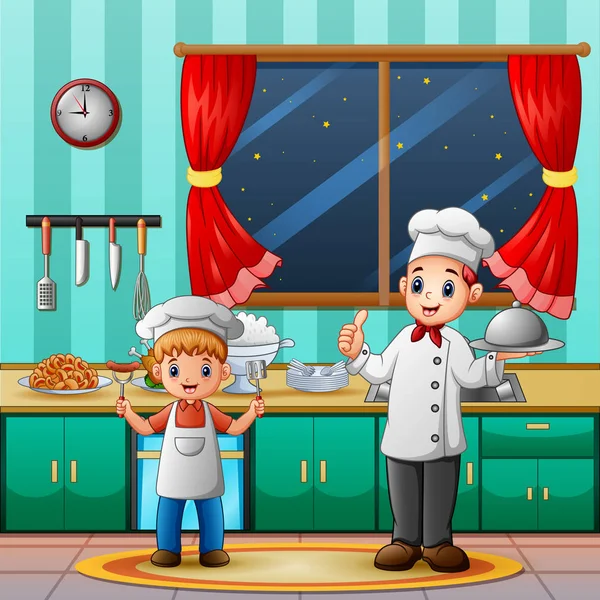 Szef Kuchni Synem Gotowania Kuchni — Wektor stockowy