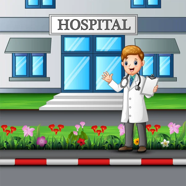 Jeune Médecin Debout Devant Bâtiment Hôpital — Image vectorielle