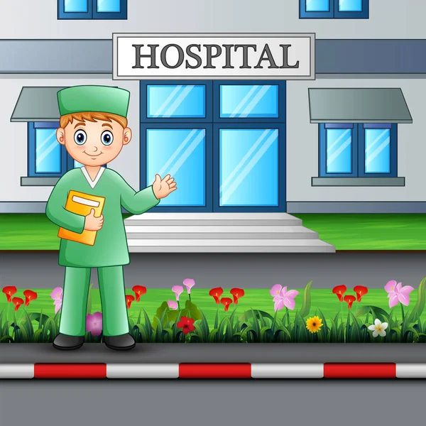 Άνθρωπος Νοσοκόμα Στέκεται Μπροστά Από Κτίριο Του Νοσοκομείου — Διανυσματικό Αρχείο