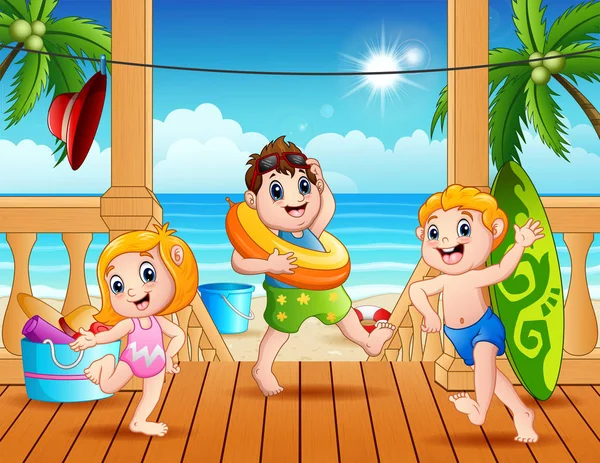 Niños Felices Están Jugando Playa — Vector de stock