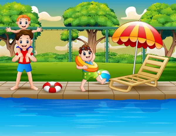 Χαρούμενα Αγόρια Απολαμβάνουν Παιχνίδι Στην Εξωτερική Πισίνα — Διανυσματικό Αρχείο