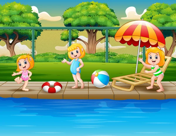 Desenhos Animados Meninas Felizes Jogando Piscina —  Vetores de Stock