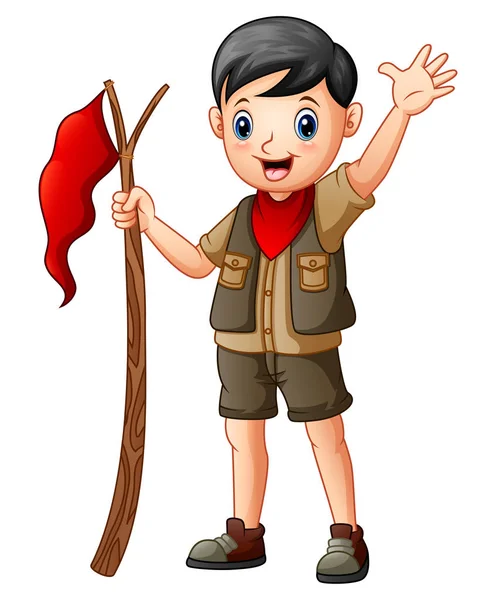 Cartone Animato Ragazzo Scout Con Bandiera Rossa — Vettoriale Stock