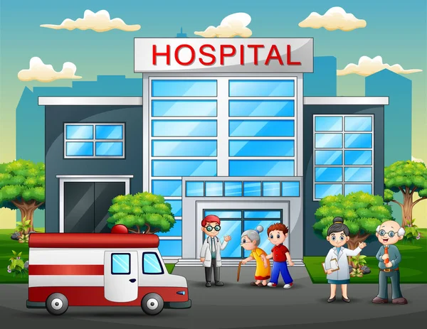 Framsidan Sjukhuset Med Läkare Sjuksköterska Patient Och Ambulans Natur Bakgrund — Stock vektor