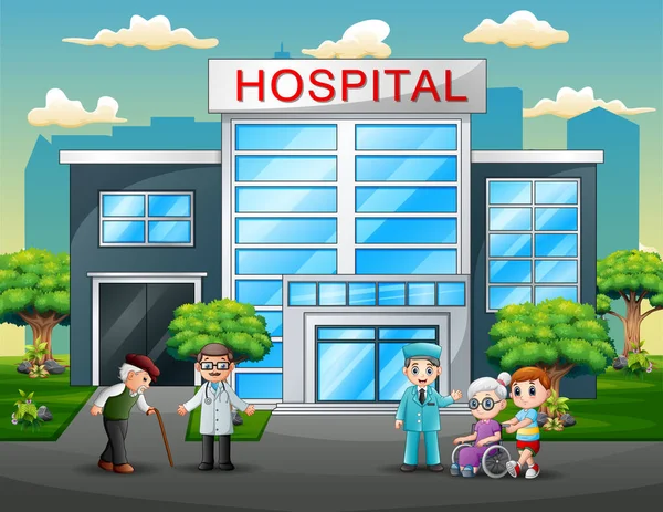 Γιατροί Και Ασθενείς Κινούμενα Σχέδια Μπροστά Στο Νοσοκομείο — Διανυσματικό Αρχείο