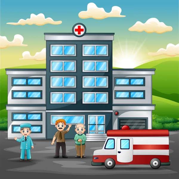 与医生 病人和救护车在自然背景上的医院正面视图 — 图库矢量图片