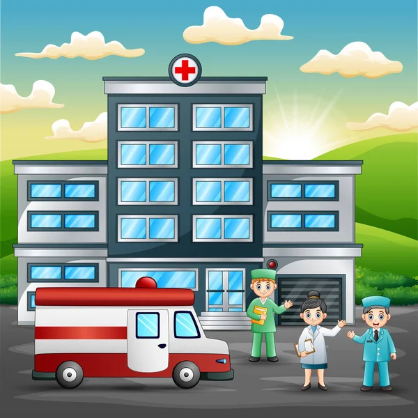 Läkare Och Sjuksköterska Stående Framför Sjukhus Byggnad Med Ambulans — Stock vektor