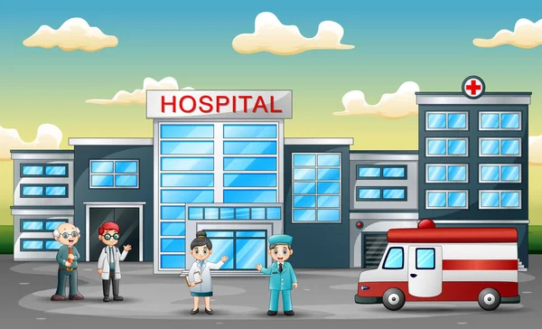 Sanitäter Mit Krankenwagen Vor Dem Krankenhaus — Stockvektor