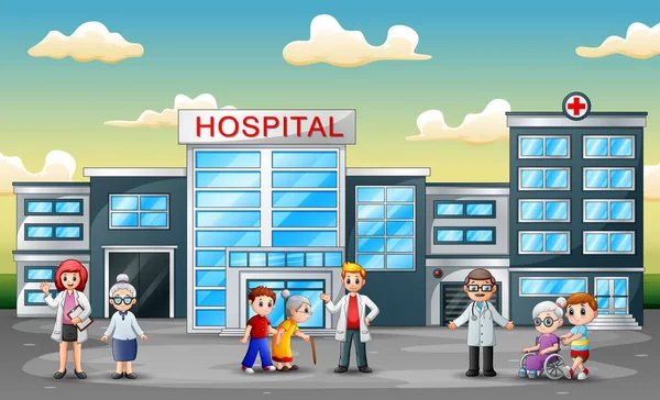 Vista Frontal Del Hospital Con Médico Enfermera Paciente Ambulancia Fondo — Vector de stock