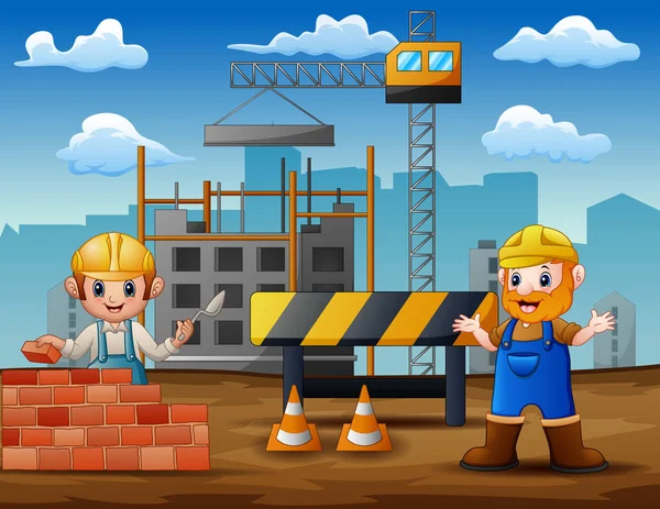Illustration of construction workers at a building site