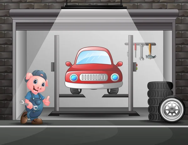 Desenhos Animados Porco Mecânico Garagem Reparação Automóveis —  Vetores de Stock