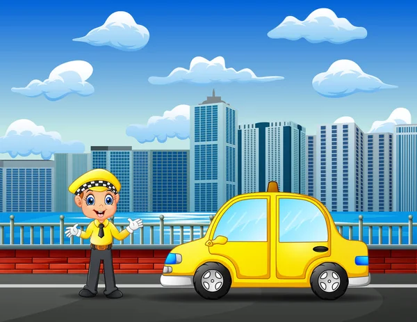 Taxi Driver Con Sua Auto Attesa Passeggeri Sulla Strada — Vettoriale Stock