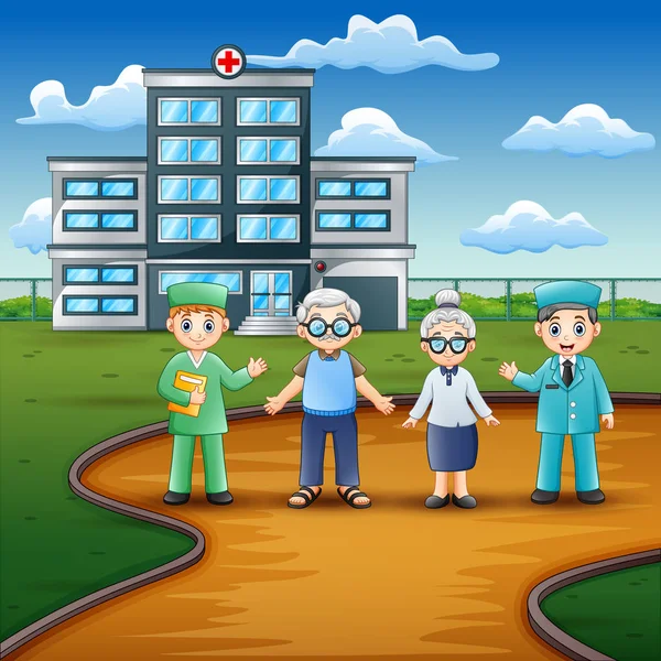 与医生和老年病人的医院正面视图 — 图库矢量图片
