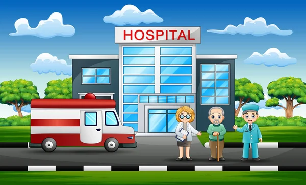 医院前侧景观 有医生 病人和救护车 — 图库矢量图片