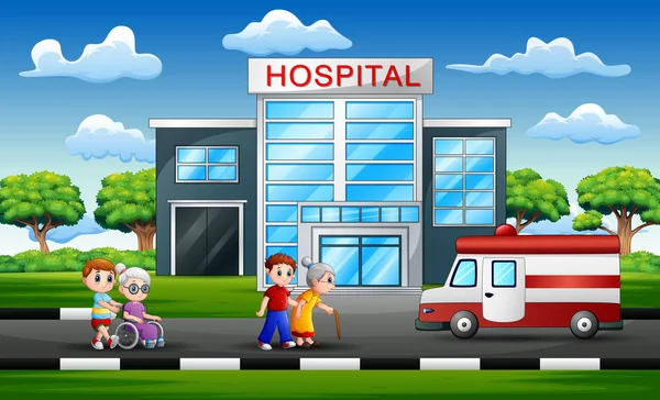 Paciente Anciano Frente Hospital — Vector de stock