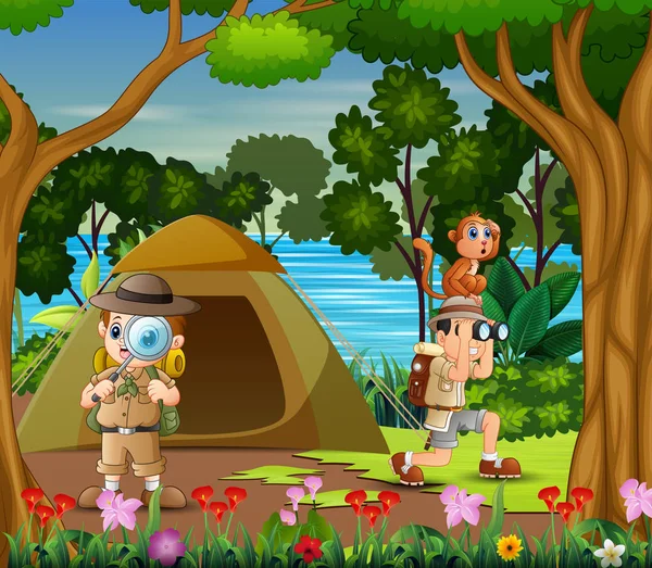 Los Chicos Exploradores Acampando Junto Lago — Vector de stock