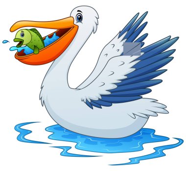 Pelican animal cartoon eating a fish on water clipart
