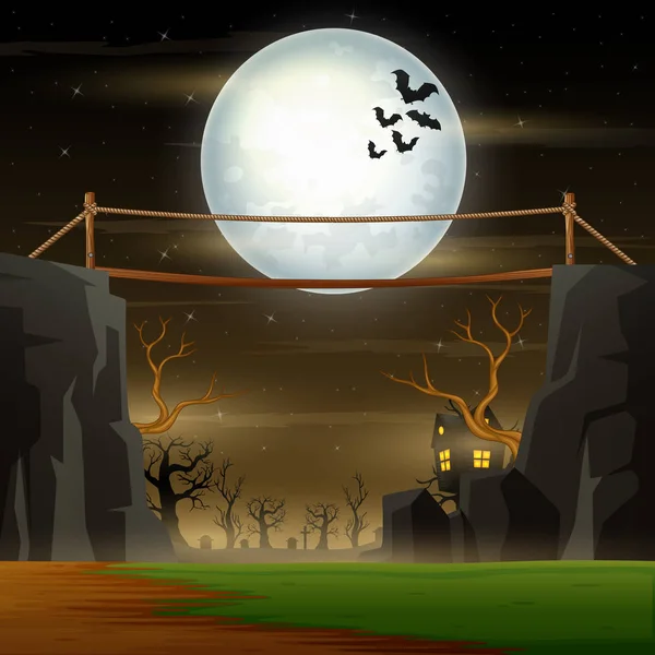 Paisaje Nocturno Halloween Con Puente Sobre Acantilado — Vector de stock