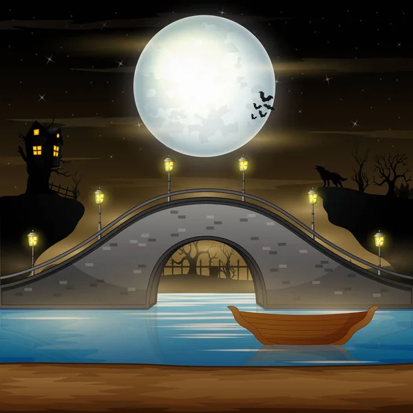 Arch Bridge Dark Castle Moonlight Background — Stock Vector