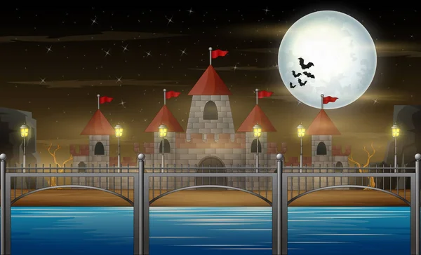 Halloween night with castle on full moon background