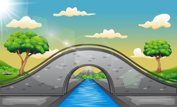 Cartoon Landschaft Mit Bogenbrücke Und Bergkulisse — Stockvektor