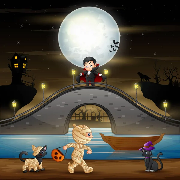 Halloween Nacht Achtergrond Met Vampier Mama Katten — Stockvector