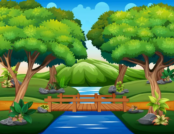 Cartoon Small Wooden Bridge Woods — Stock Vector