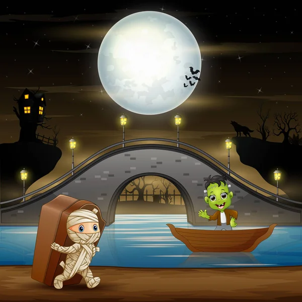 Frankenstein Momia Halloween Noche Fondo — Archivo Imágenes Vectoriales