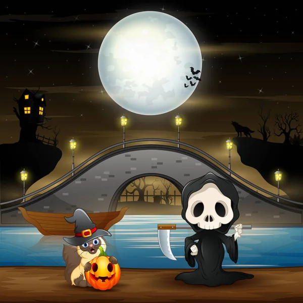 Night Scene Grim Reaper Riverside — 스톡 벡터